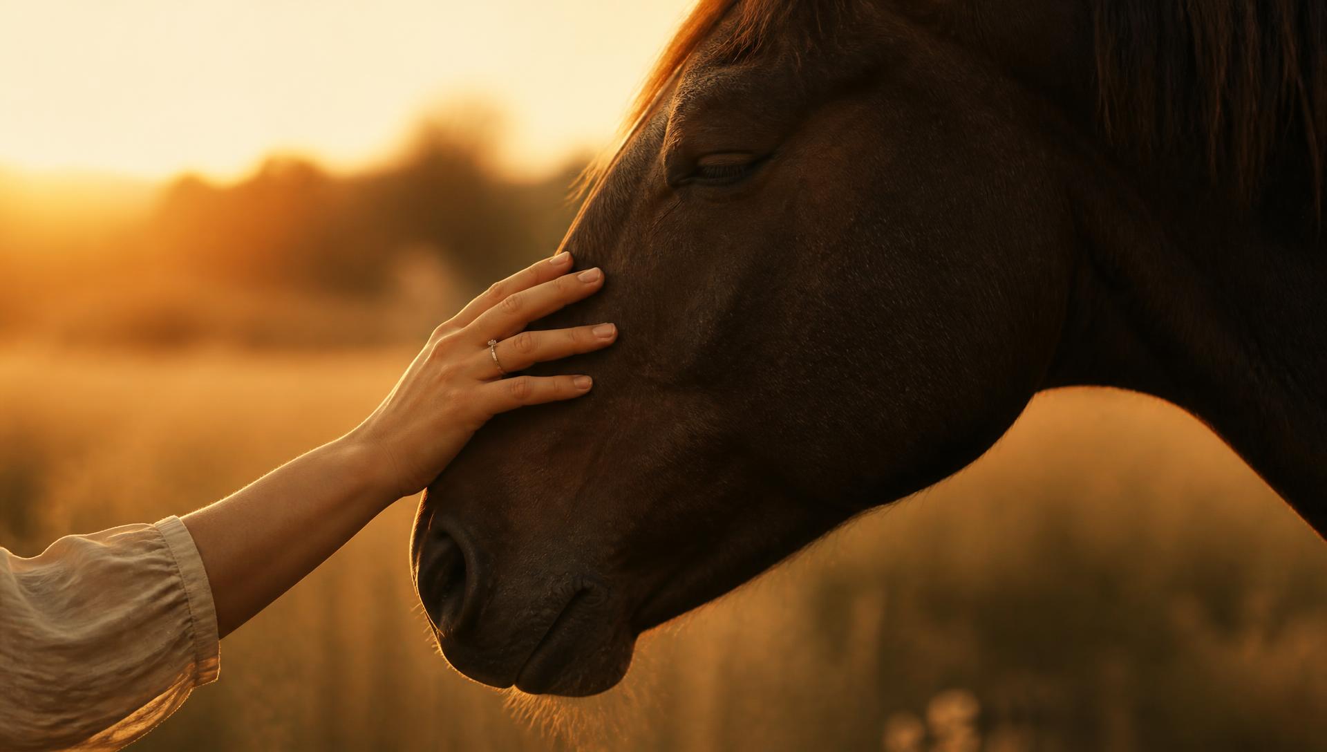 A guest's hand resting on a horse's muzzle in a golden meadow at dusk
