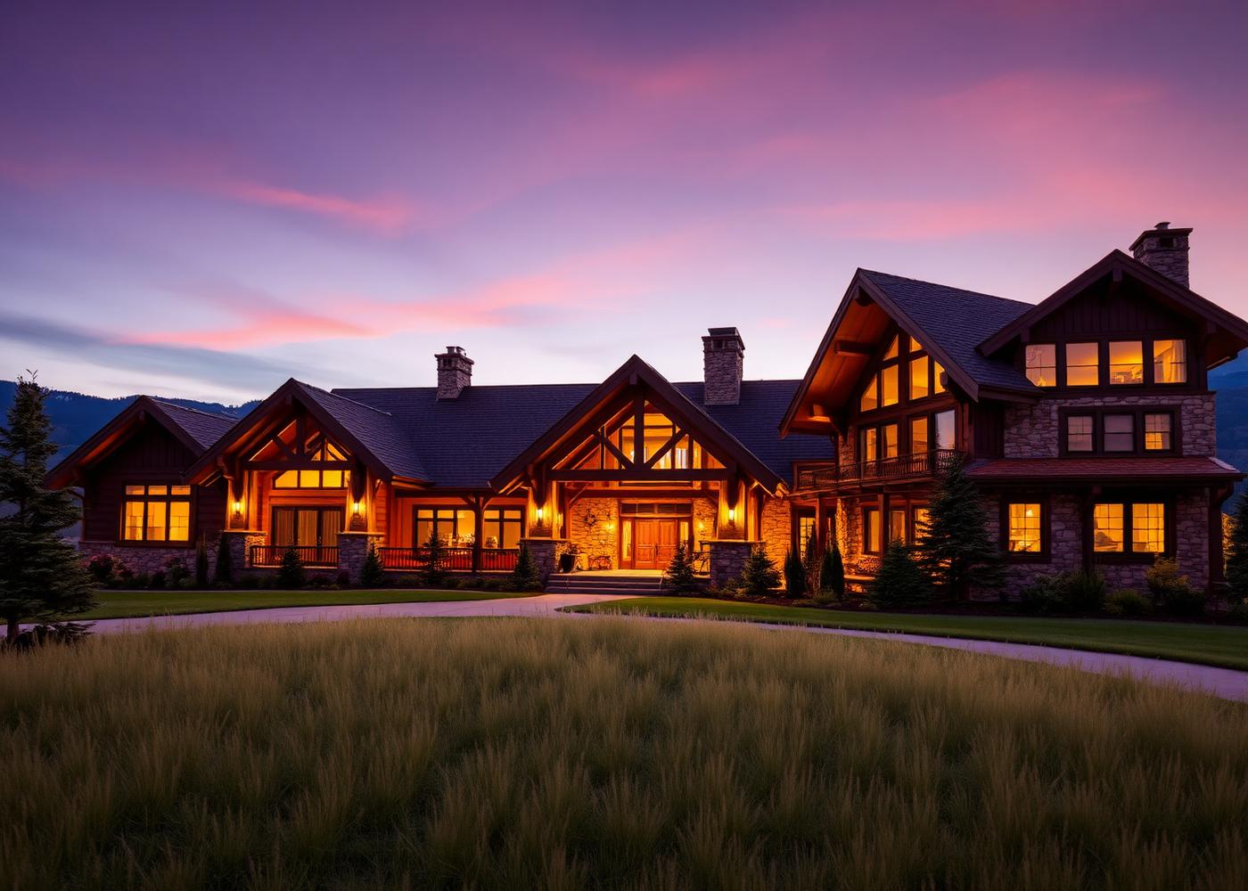 Ranch lodge exterior glowing at twilight